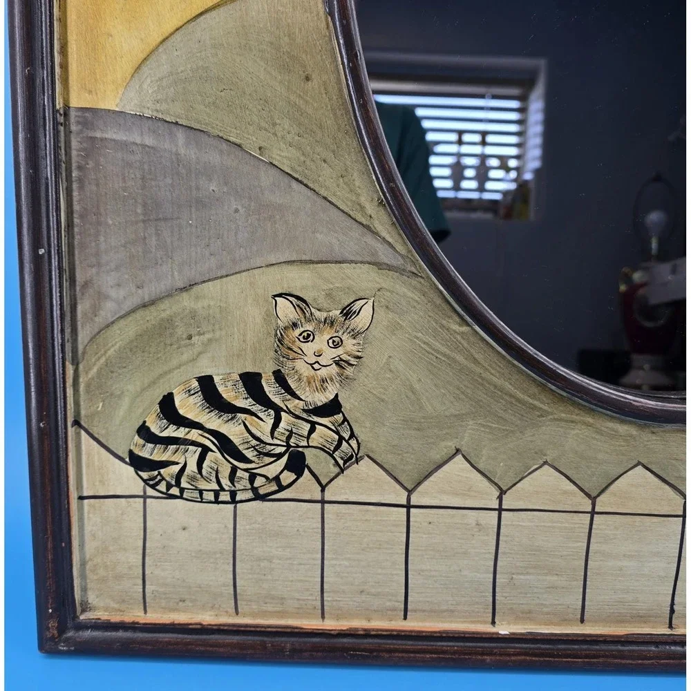 Vtg Folk Art Framed Mirror w/ Hand Painted Cats on Fence Hills 27x33